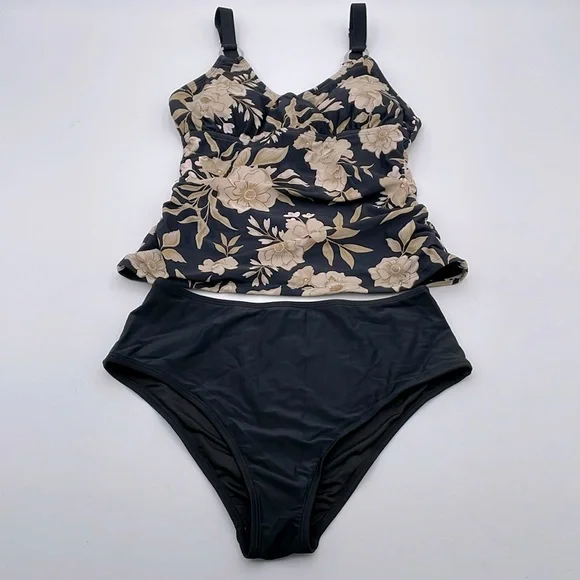 CUPSHE Floral Black Tankini Swimsuit V Neck Adjustable Strap Mid Rise - Picture 3 of 16